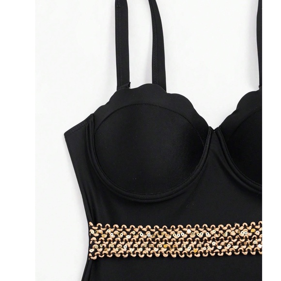 Boho Navy Blue Scallop Detail Color Block Monokini One Piece Swimsuit - Picture 6 of 12